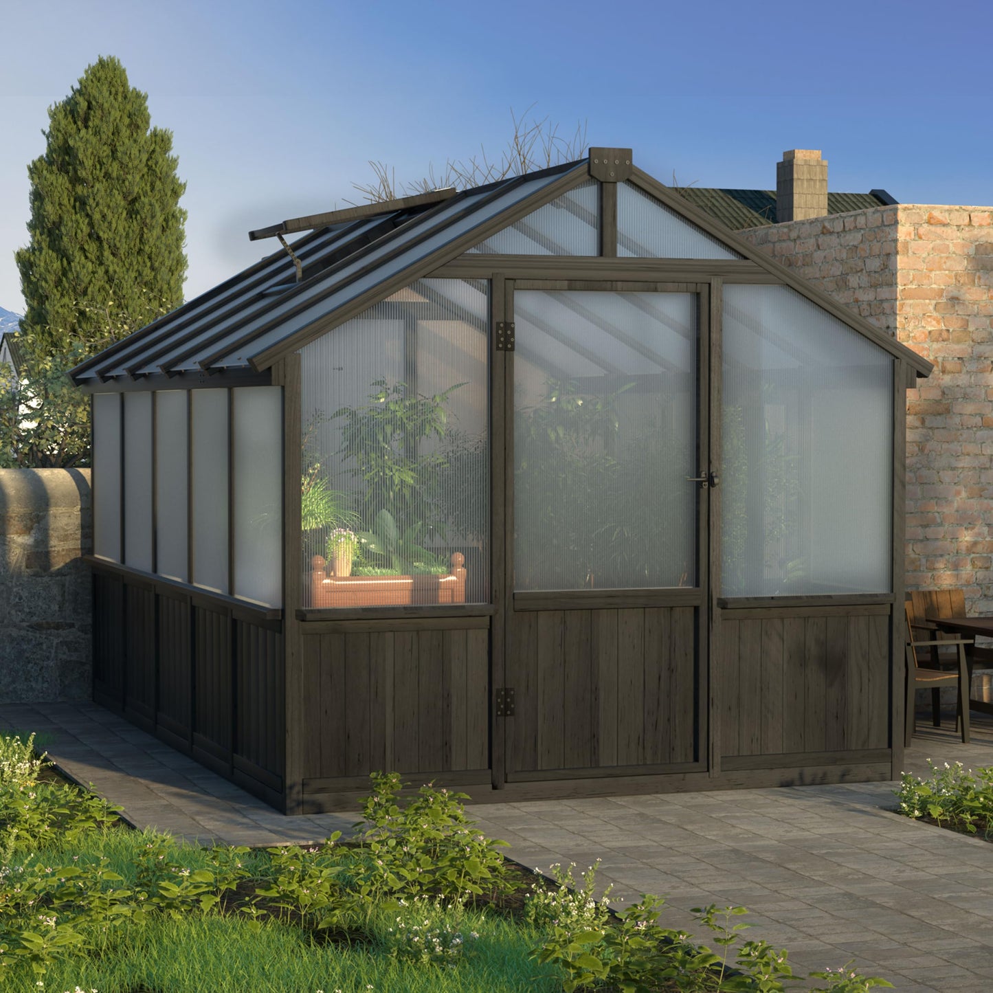 Yardenaler 8x10 FT Greenhouse Kit with 6MM Thick Polycarbonate Panel for Outdoor, Wooden Walk-in Green House with Adjustable Roof Vent and Lockable Door, Backyard, Garden, Black
