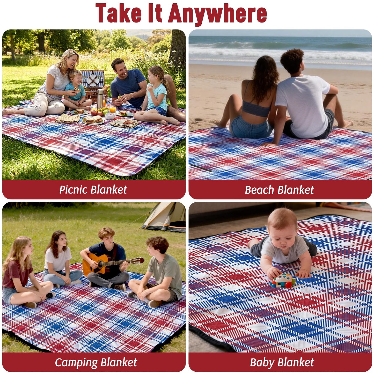 Doonly Picnic Blanket, 78" x 78" Large Waterproof Sandproof Beach Blanket, Foldable Outdoor Blanket Picnic Mat for Beach, Camping, Park, Grass, Lawn, Travel (Blue/Red/White)