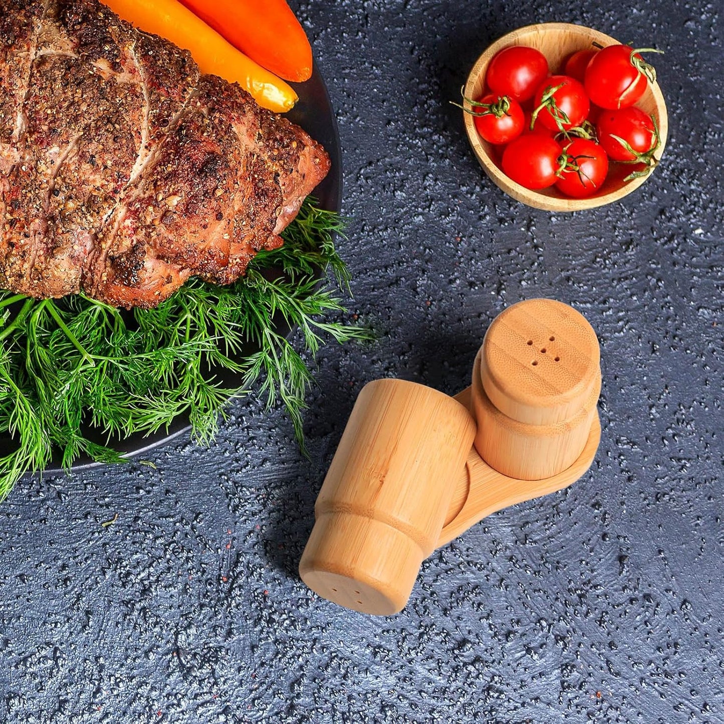 Salt and Pepper Shakers Set with Base Rack, Bamboo Wooden Shaker for Kitchen Counter or Table, Farmhouse Decorations