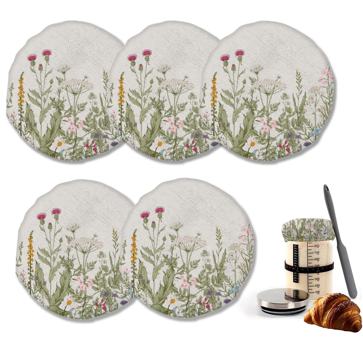 Herbs 5- Pack Cloth Covers for Sourdough Starter Jar, Wild Flowers Cloth Covers Reusable Lid Top Sourdough Bowl Cover Bread Fermentation Baking Supplies for 3-4 Inch Jar Mouth