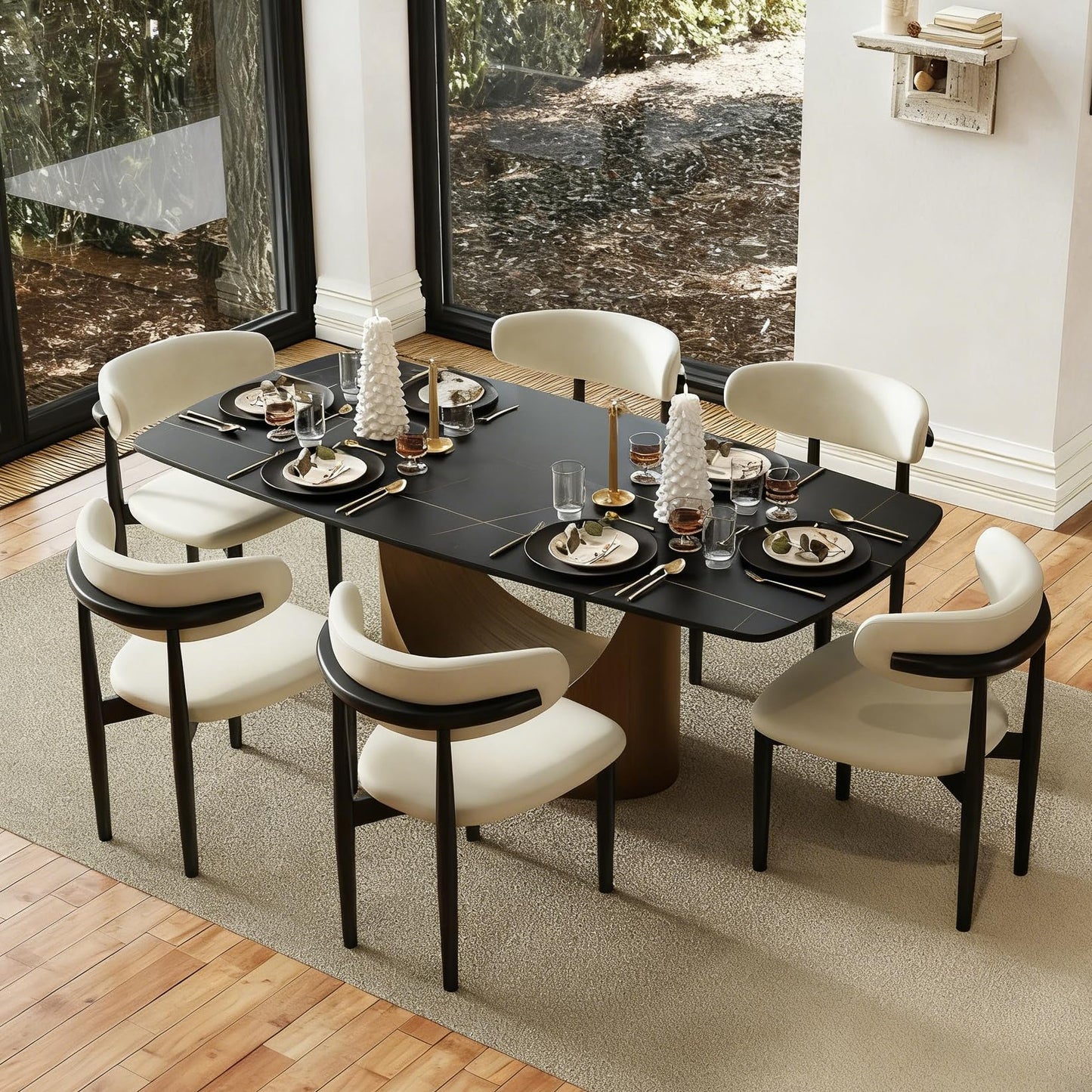 POVISON 71" Modern Dining Table for 6, Matte Black Heavy-Duty Dining Table, Sintered Stone Dining Tabletop with Bronze Carbon Steel Pedestal, 71 inch Rectangle Dining Room Table (Table Only)