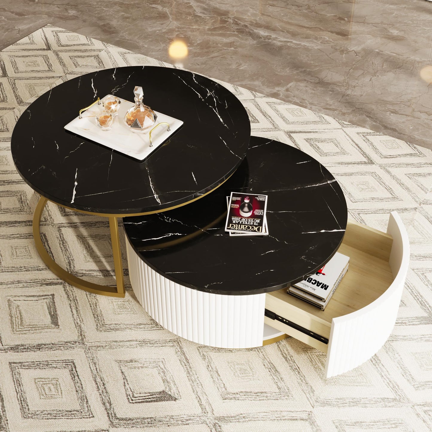 Ball & Cast Round Coffee Table Set of 2,Nesting Desk with Drawers,Smooth Durable Marble Tabletop and Fluted Design,Easy Care & Stain Resistance 31.5" for Bedroom,Living Room,Black & Gold