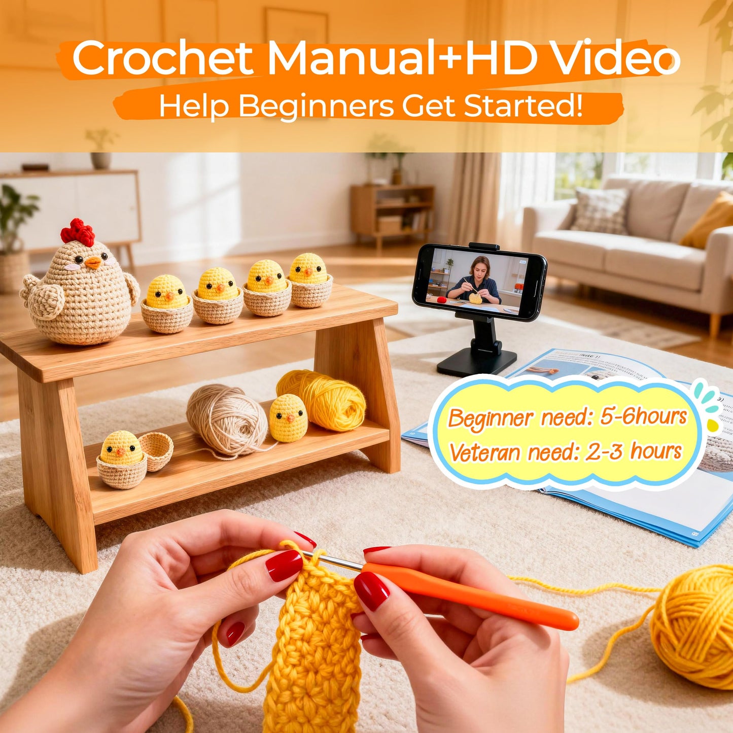 Joyclub Crochet Kit for Beginners 4 Pcs Chicken Family Amigurumi Crochet Starter Kits with Step-by-Step Video Tutorials DIY Craft Gift for Adults Kitting Lovers Mother Teacher Student