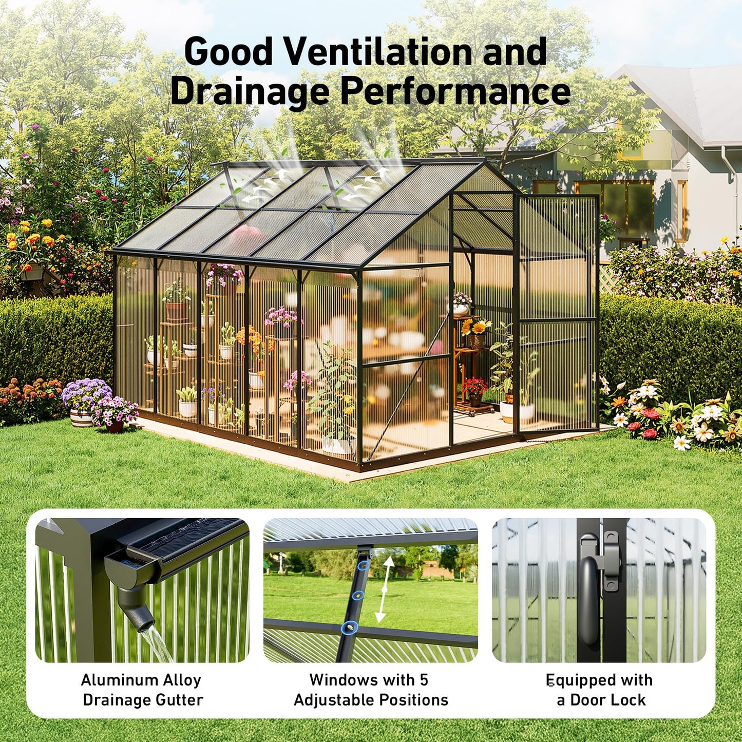 8x10FT Greenhouse Kits with Hygrometer, Polycarbonate Green Houses for Outside Heavy Duty with Aluminum Frame, Walk in Greenhouses with Drainage Channel Roof Vent for Backyard or Garden Use