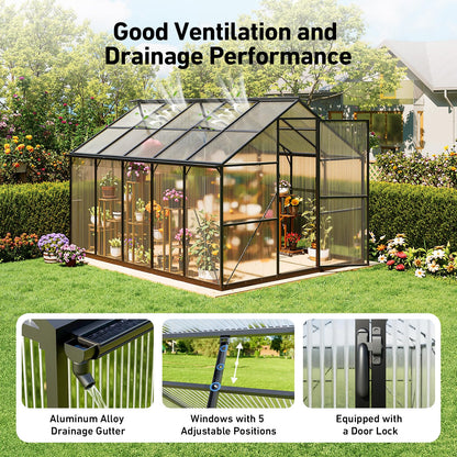 8x10FT Greenhouse Kits with Hygrometer, Polycarbonate Green Houses for Outside Heavy Duty with Aluminum Frame, Walk in Greenhouses with Drainage Channel Roof Vent for Backyard or Garden Use