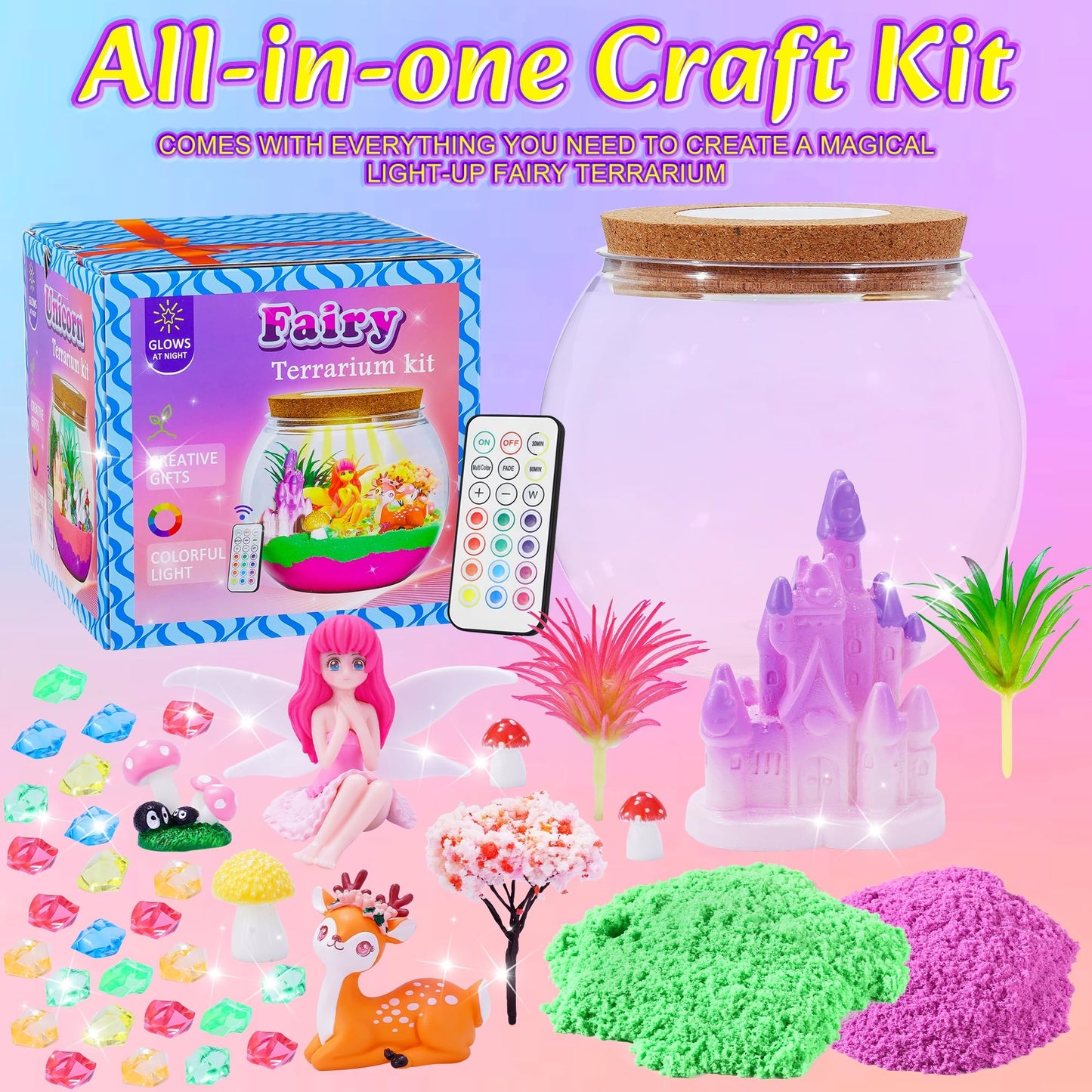 Hannstar Fairy Garden Kits for Kids - Light Up Terrarium kit Birthday Gift for Girls Ages 4 5 6 7 8 10 12 Years Old - Creative Garden Toys for Girls - DIY Arts and Crafts Kit for Kids