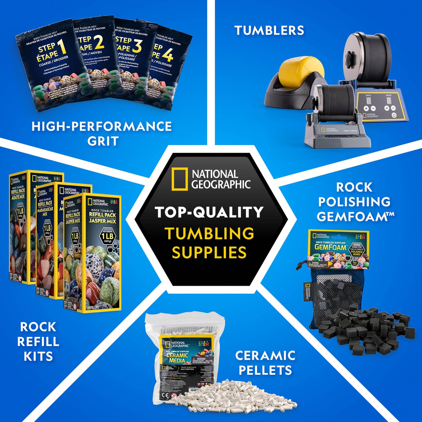 NATIONAL GEOGRAPHIC Rock Tumbler Grit and Polish Refill Kit - Tumbling Grit Media, Polish Up to 20 lbs. of Rocks, Works with any Rock Polisher & Tumbler Supplies