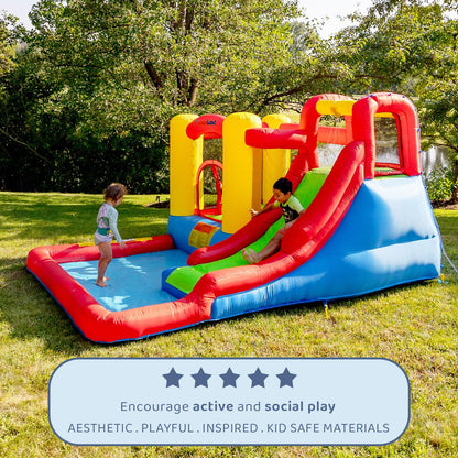 Bounceland Jump and Splash Adventure Bounce House or Water Slide All in one, Large Pool, Fun Bouncing Area with Basketball Hoop, Long Slide with Climbing Wall, UL Certified Blower Included