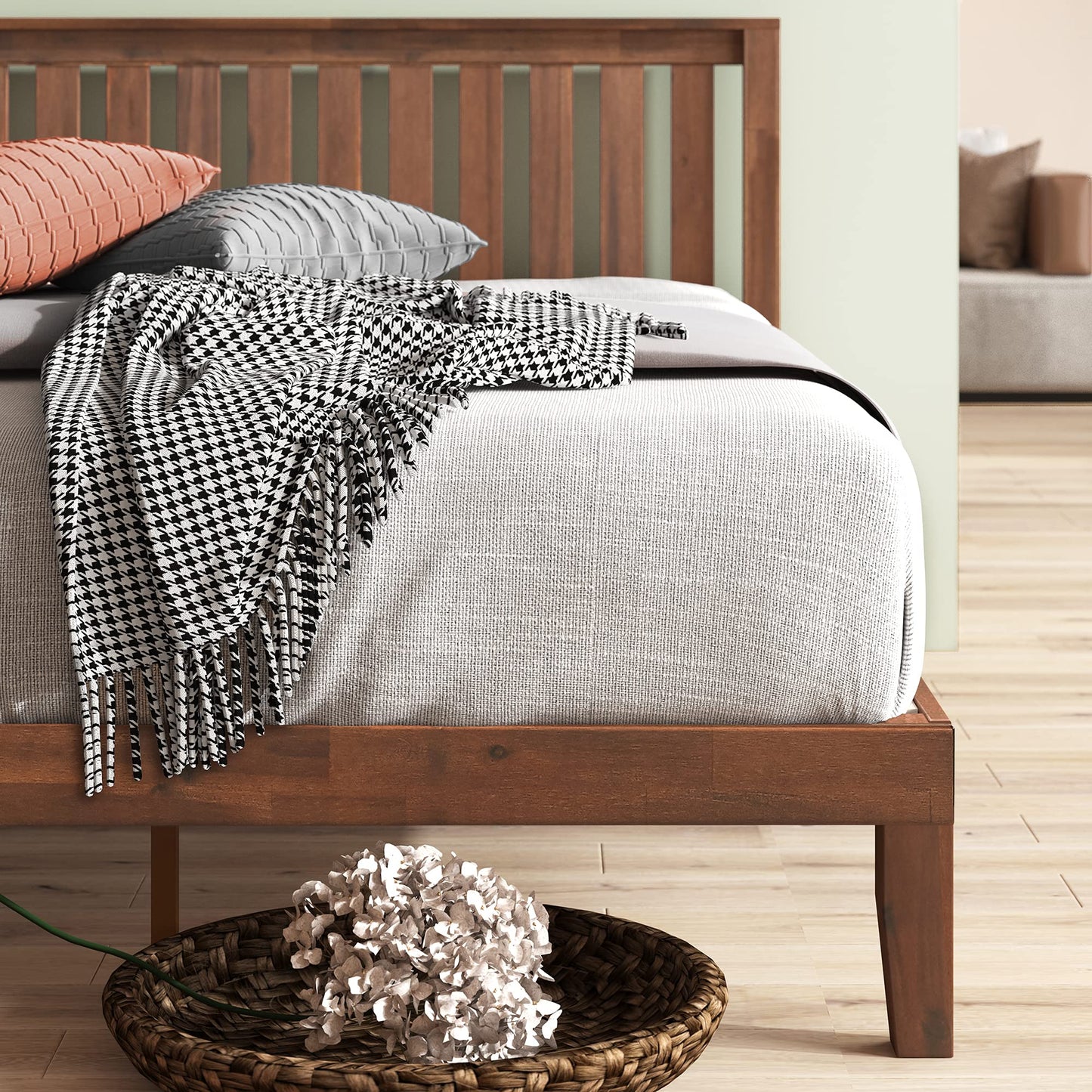 Zinus Vivek Wood Platform Bed Frame with Headboard, Solid Wood Foundation with Wood Slat Support, No Box Spring Needed, Easy Assembly, Queen