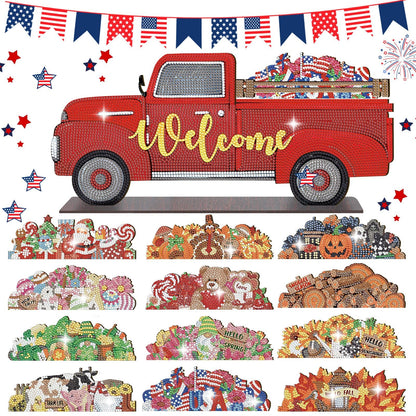 Burbell 13 Pcs Interchangeable Diamond Painting Art Welcome Signs Truck Stand Table Decor DIY Holiday Seasonal Tiered Tray Decoration Diamond Art Ornament Kits with 12 Holiday Icons for Home Wall