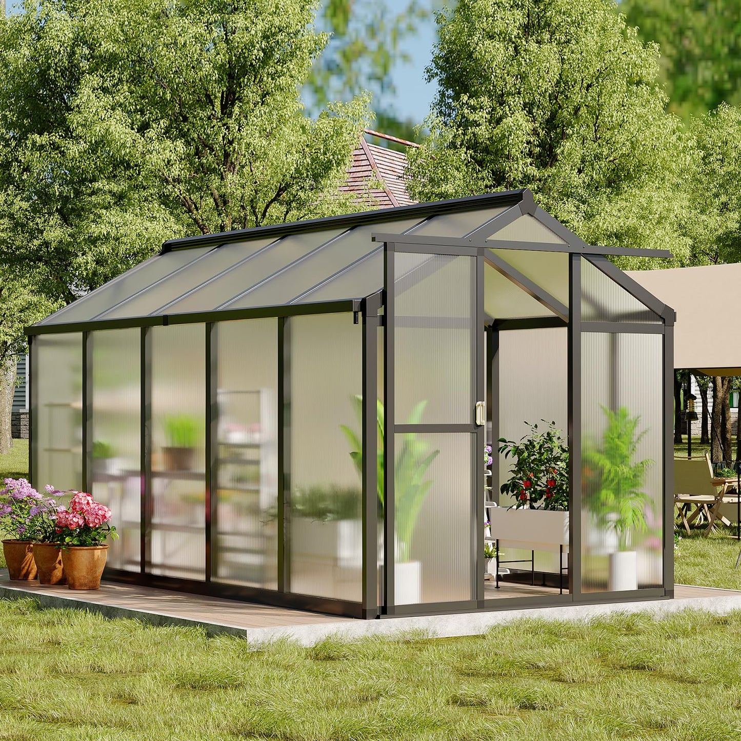 GarveeTech 6X10 FT Greenhouse, Polycarbonate Garden Greenhouse for Outdoors,Aluminum Frame Green House with Lockable Door and Adjustable Roof Vent, Ideal for Backyard Patio and Outside Growing