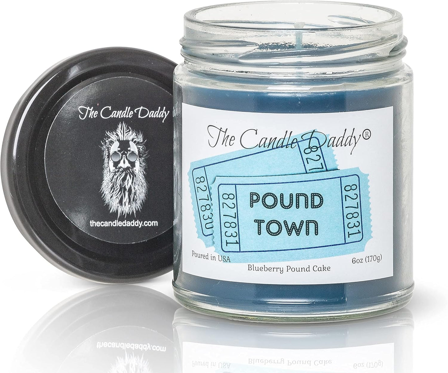 Two Tickets to Pound Town Candle, Blueberry Pound Cake Scented, Funny 6 OZ Jar, 40 Hour Burn Time