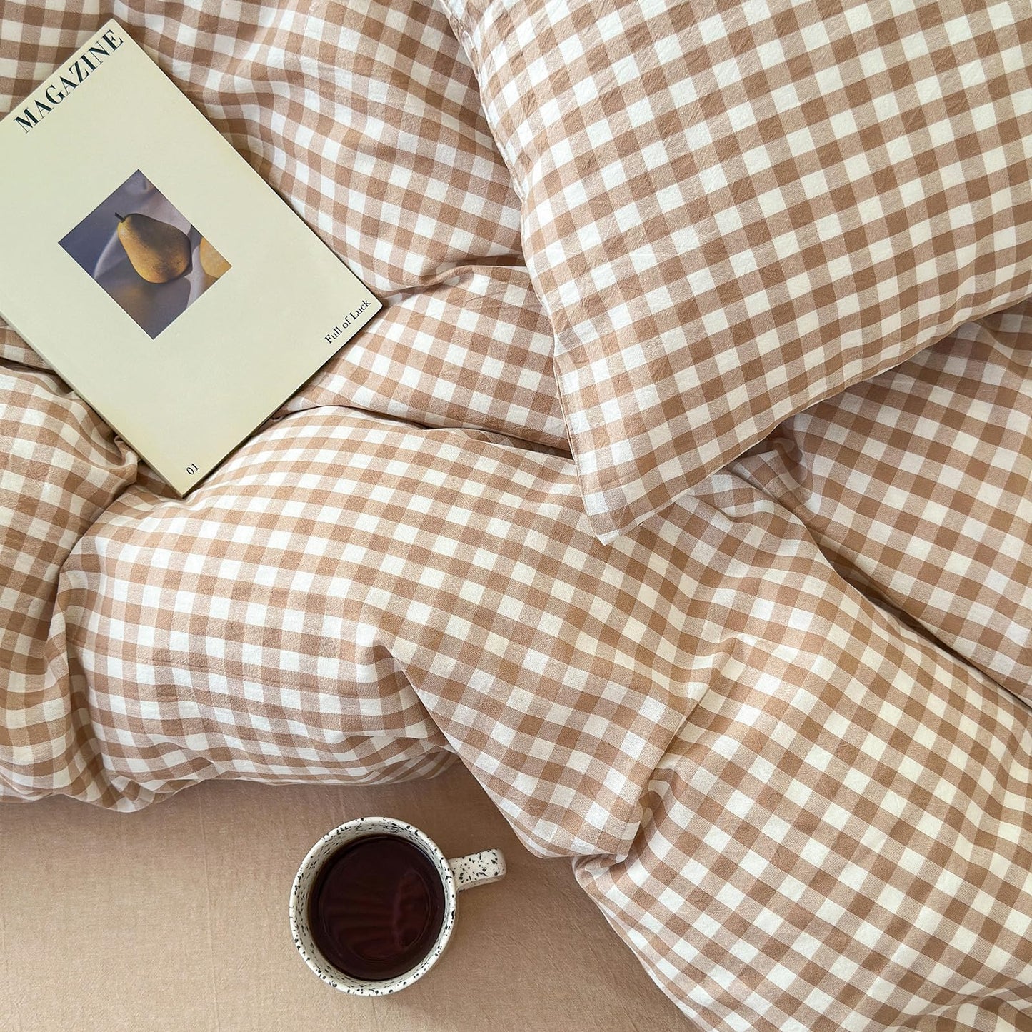 Tan Gingham Pillowcases Set Farmhouse Standard Size Pillow Shams Buffalo Taupe Plaid Pillowcases Set of 2, Grid Checkered Gingham Washed Cotton Pillow Covers with Envelope Closure, 20"×26"