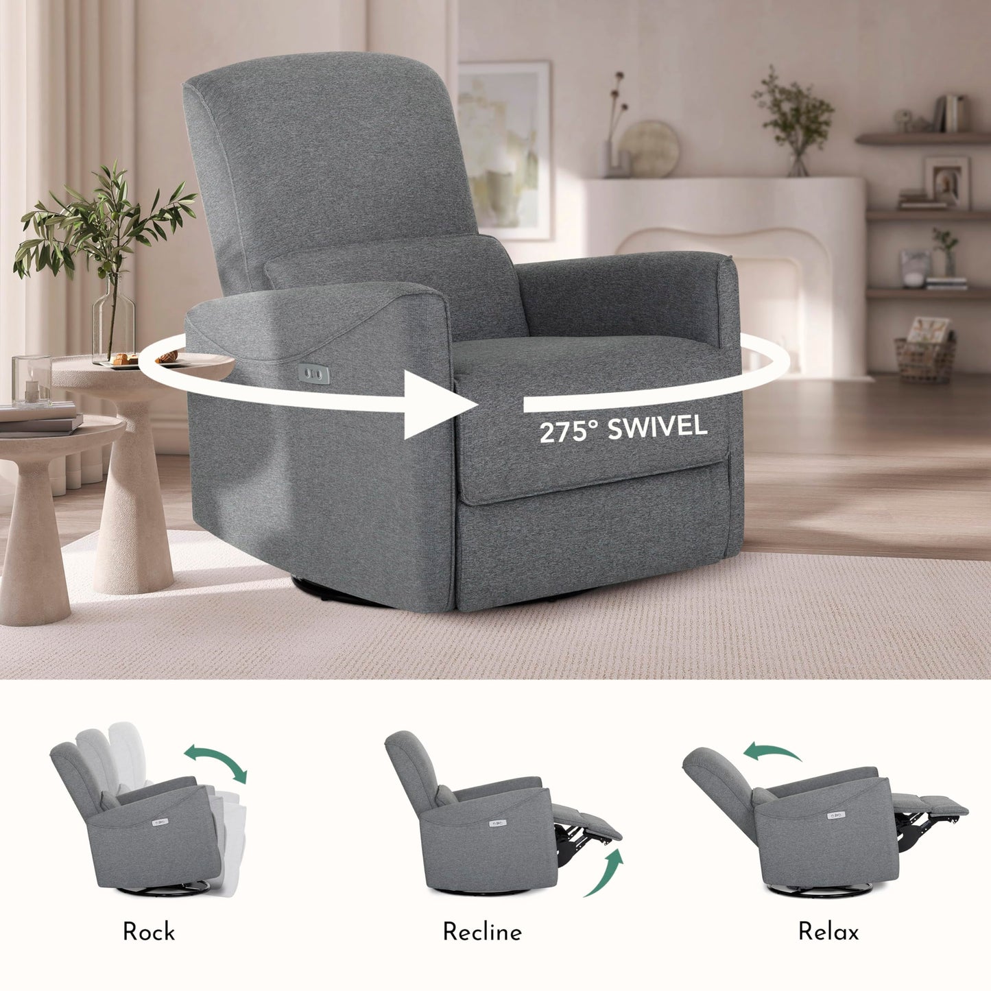 Evolur Belmont Nursery Glider Chair with Massager in Cosmic Grey, Power Recliner with 275° Swivel, Lumbar Support Modern Rocking Chair for Baby Room, Nursery & Living Room