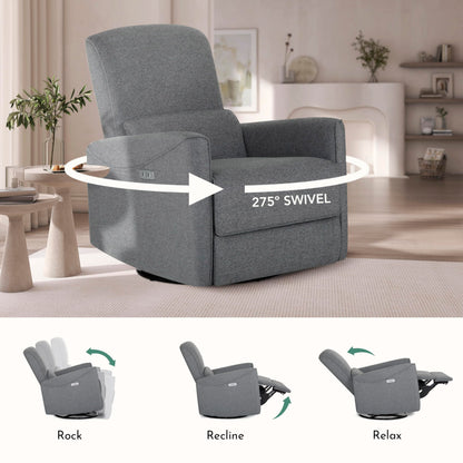 Evolur Belmont Nursery Glider Chair with Massager in Cosmic Grey, Power Recliner with 275° Swivel, Lumbar Support Modern Rocking Chair for Baby Room, Nursery & Living Room