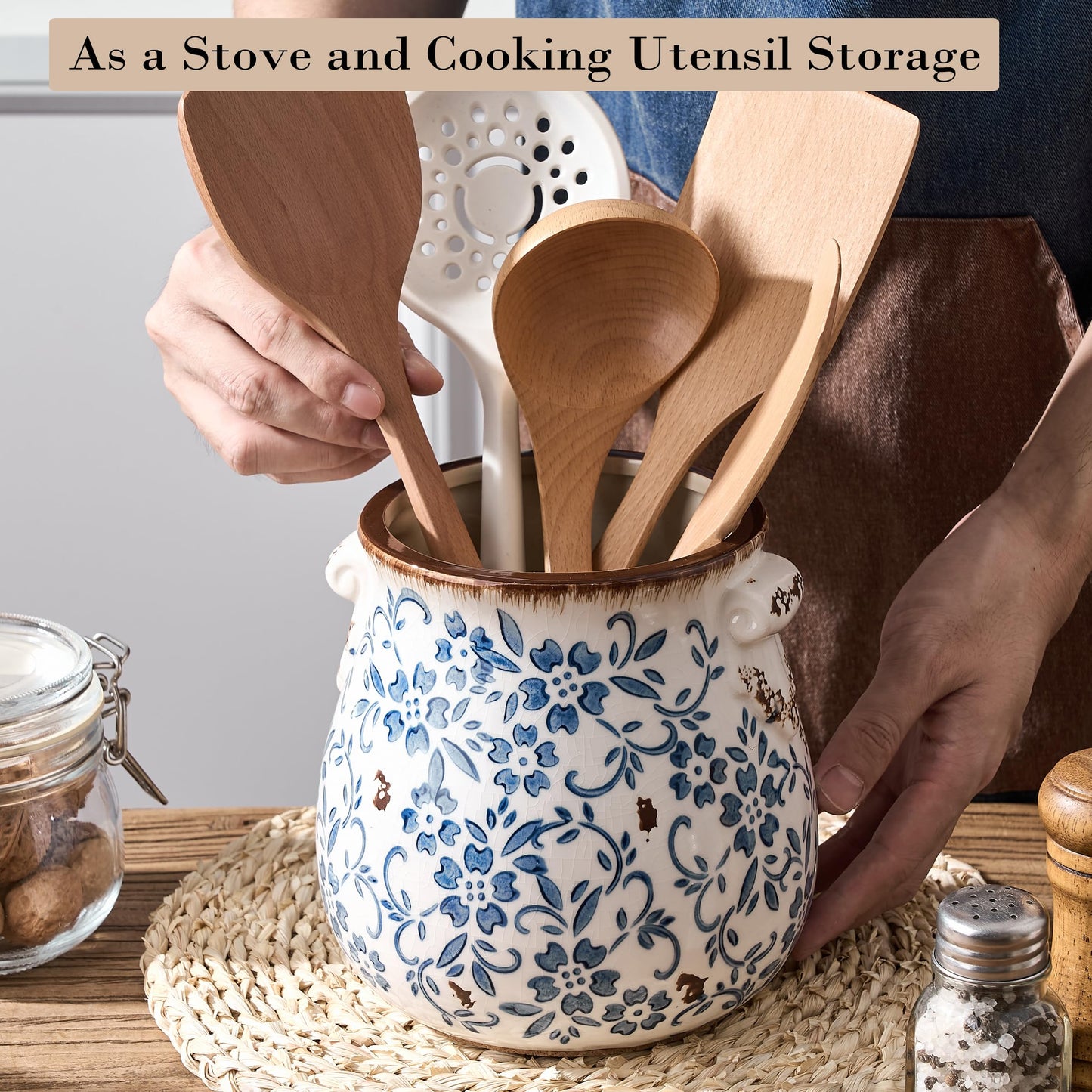 Utensil Holder for Kitchen Counter, Modern Farmhouse Rustic Cooking Utensil Holder and Crock, Exquisite Chinoiserie Floral Ceramic Utensil Organizer for Home Kitchen Decor- Blue and White Porcelain