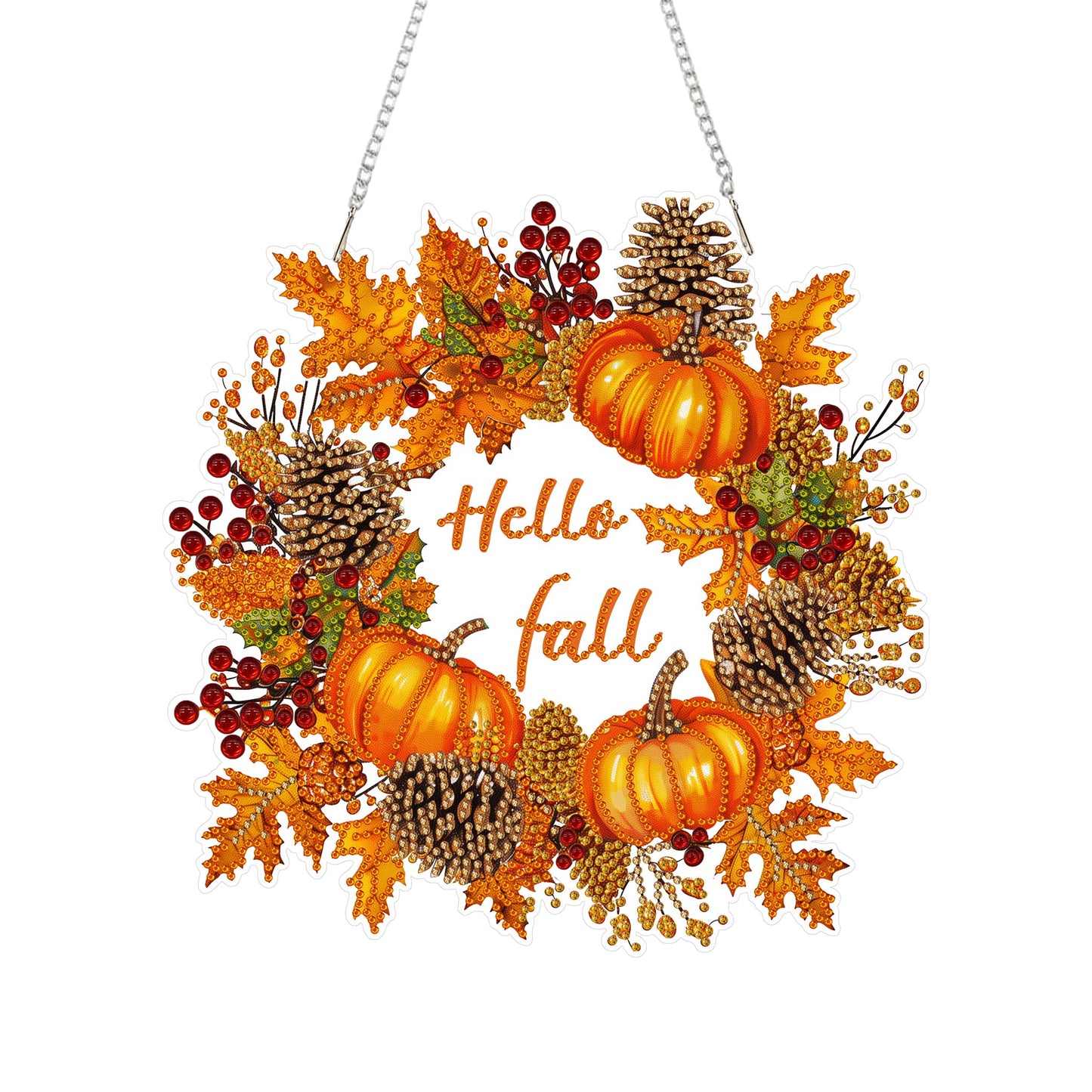 Eiflow Fall Diamond Art Hanging Kit for Adult Pumpkin Wreath, DIY Acrylic Diamonds Painting Ornament Double Sided Pendant Board Kit(Hello Fall)