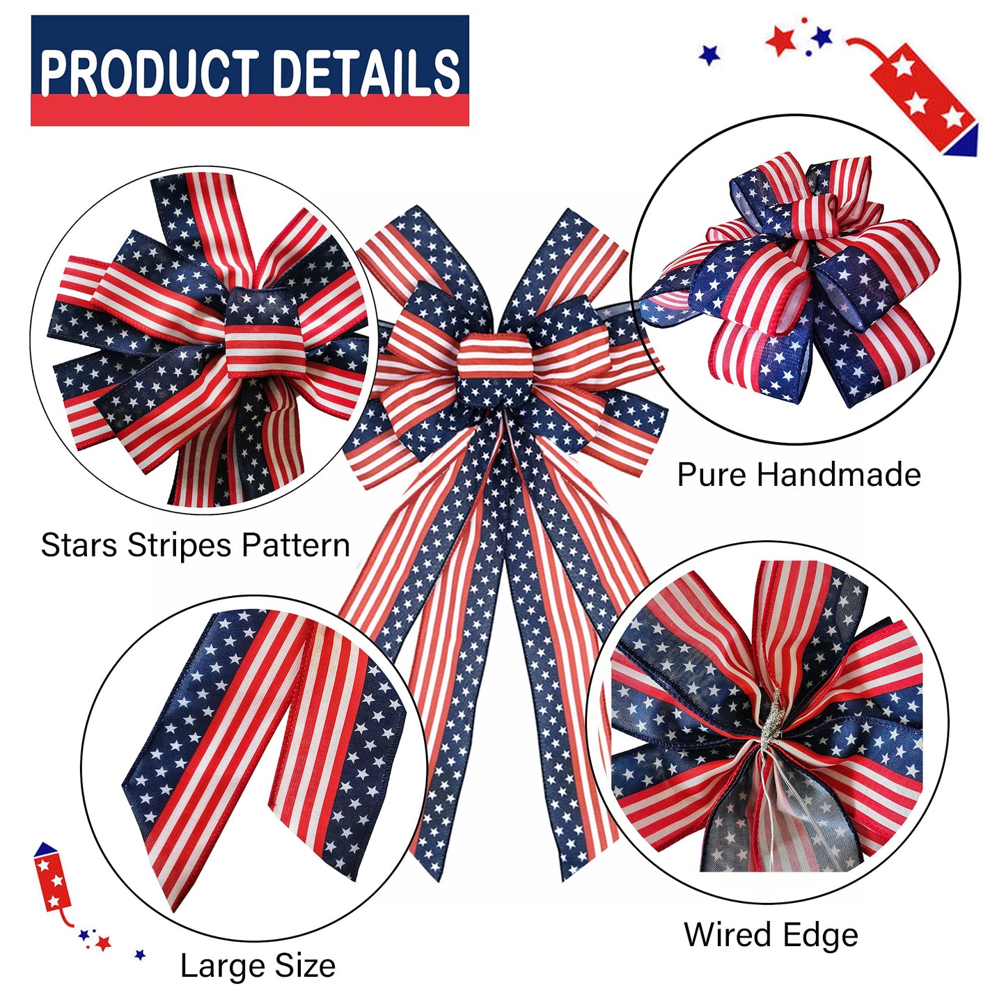 Large Patriotic Bow Wreath 4th of July Decor American Flag Bow for Indoor Outdoor Red with Blue Stars Bunting Holiday Memorial Day Decorations Independence Day Party Backdrops (1, 15.7x47'' Blue)