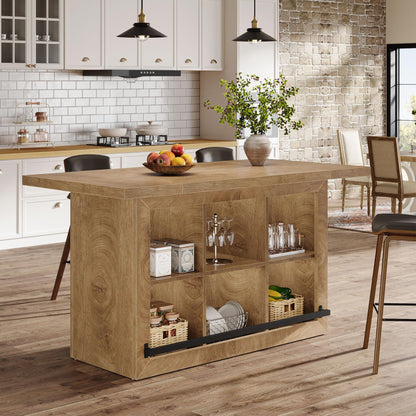 Tribesigns Kitchen Island with Storage, Counter Height Kitchen Island Table with 6 Open Cubbies and Footrests, Coffee Bar Table for Dining Room, Brown