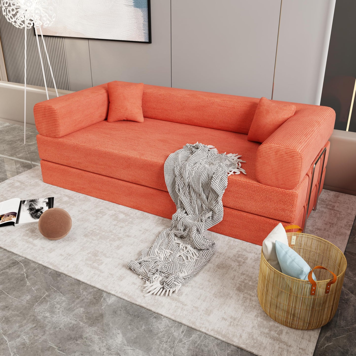KEIKI Convertible Futon Floor Sofa Bed with Pillows, Corduroy Foldable Sleeper Couch for Living Room & Bedroom, Tangerine