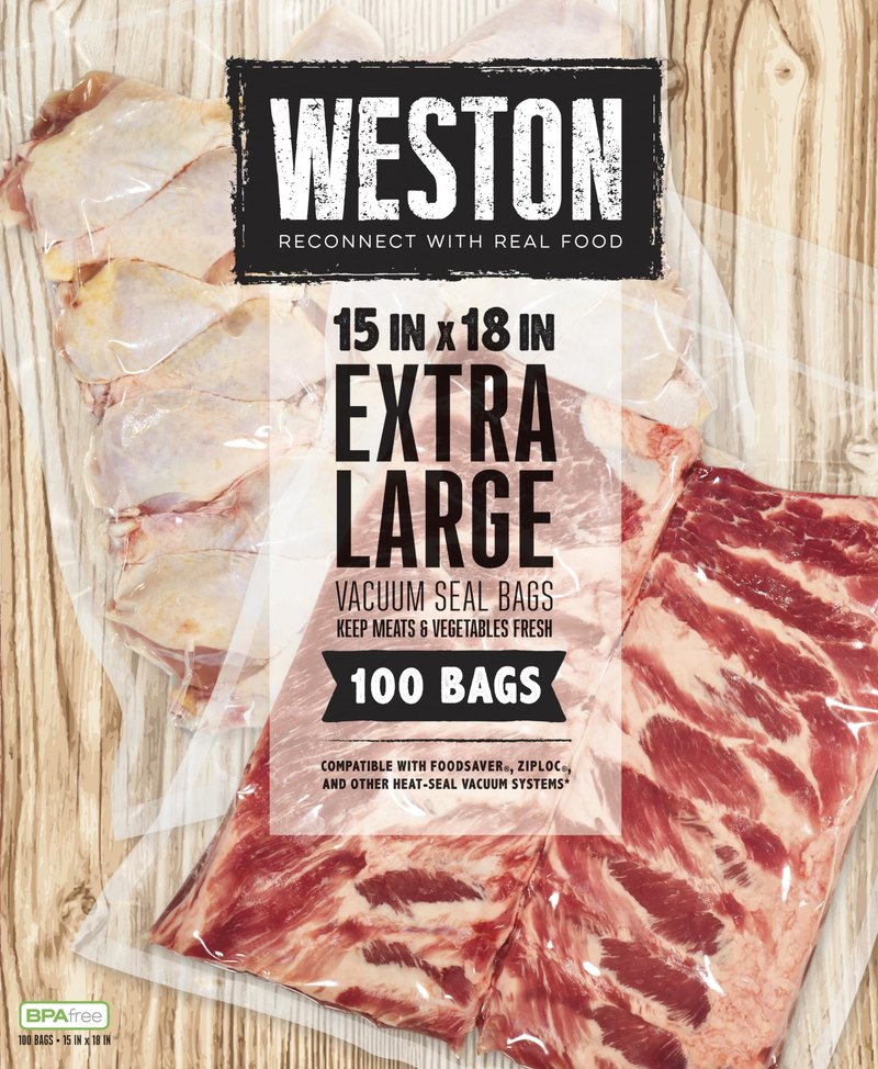 Weston Vacuum Sealer Bags, 2 Ply 3mm Thick, for NutriFresh, FoodSaver & Other Heat-Seal Systems, for Meal Prep and Sous Vide, BPA Free, 15" x 18" (Extra Large), 100 Count, Clear