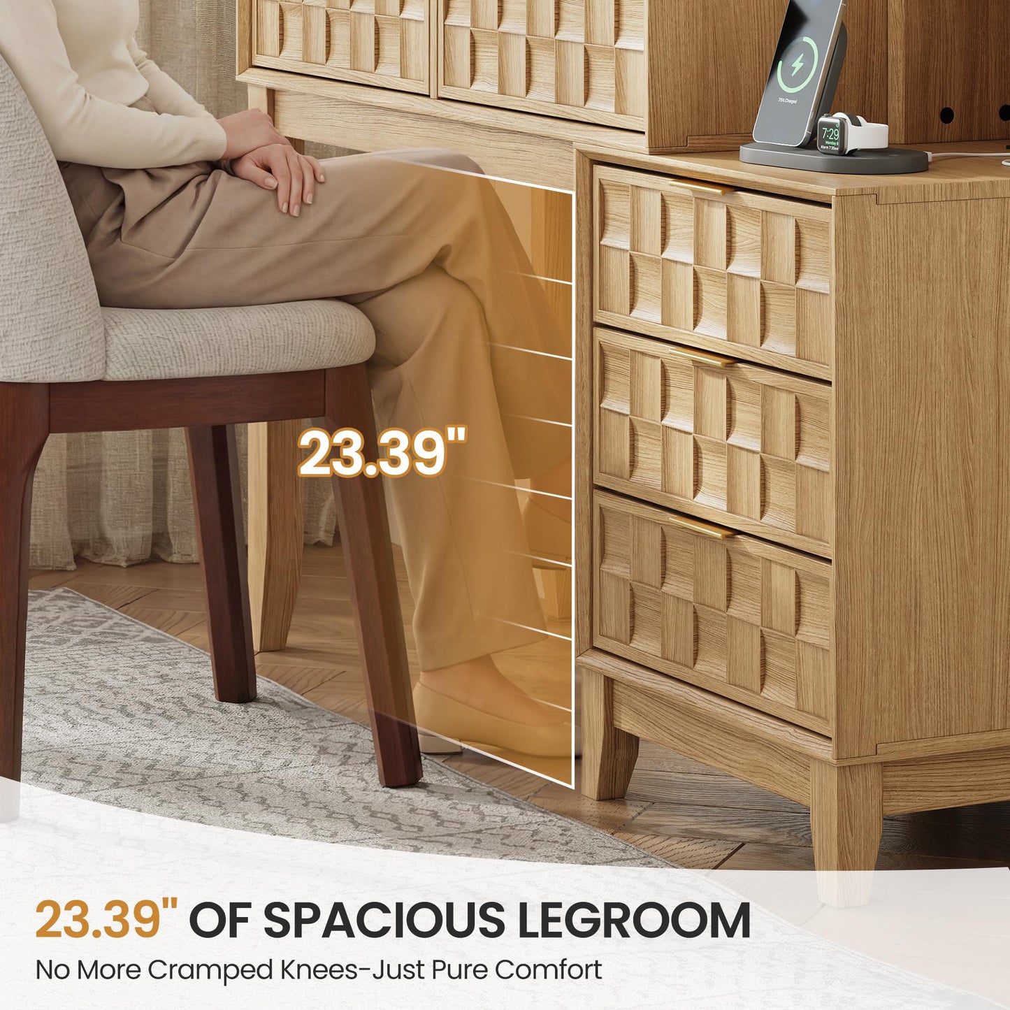 MALOL Vanity Desk, Checkerboard Wooden 50" Dressing Table with 5 Drawers & 4 Storage Shelves, Large Glass Top Makeup Vanity with Built-in Power Strip with USB & Type-C, Natual Wood