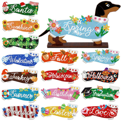 Briwooody 17 Pcs Interchangeable Seasonal Diamond Art Set for Adults Wooden Dachshund Diamond Painting Calendar 2026 Centrepieces for Holiday Spring 4th of July Summer Table Decor Accessories