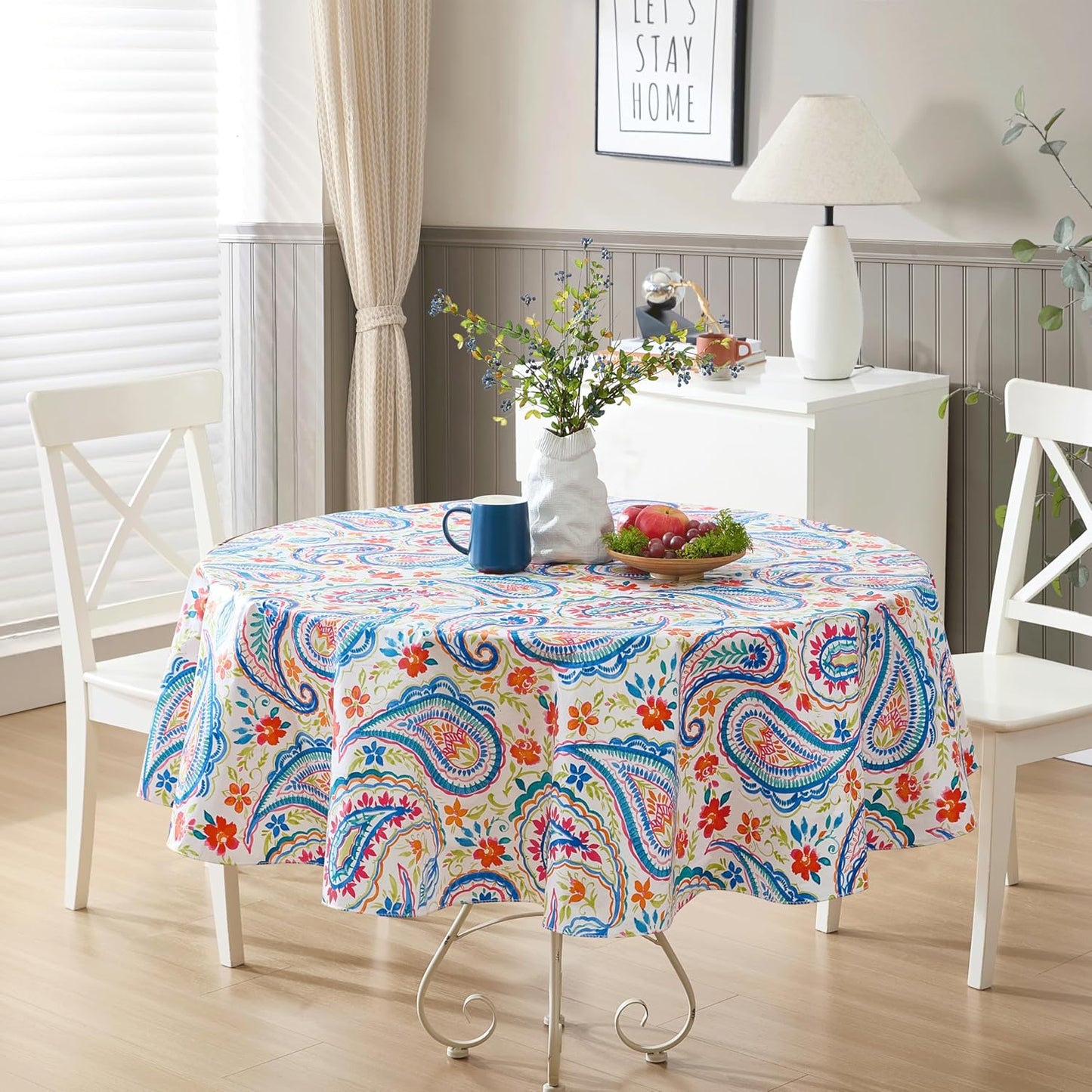 Newbridge Boho Chic Paisley Vinyl Tablecloth with Flannel Backing, 70 Inch Round, Blue Red Pink Floral Print