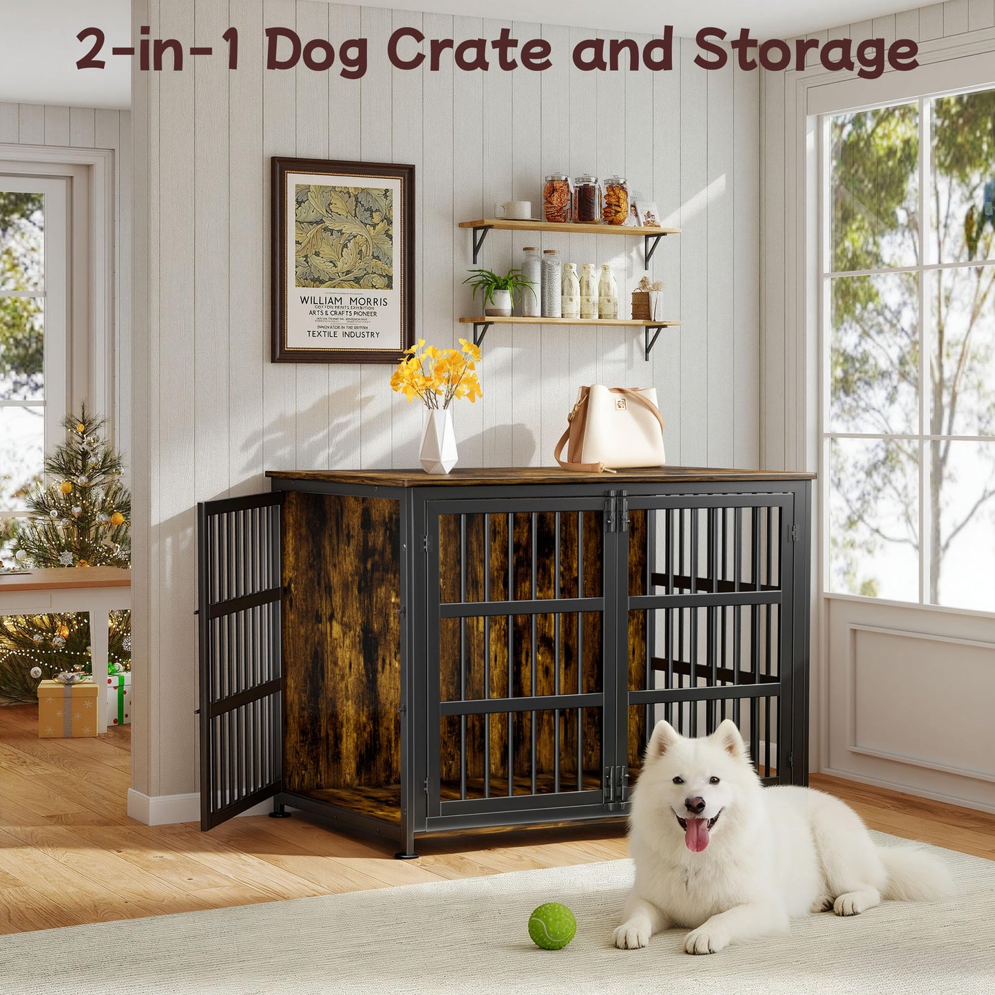 CABZOON 42'' Dog Crate Furniture Large Breed Dog Crate Dog Kennels for Inside Wooden Dog Crates End Table Heavy Duty Indoor Combination Cage for Medium to Large Dogs Walnut