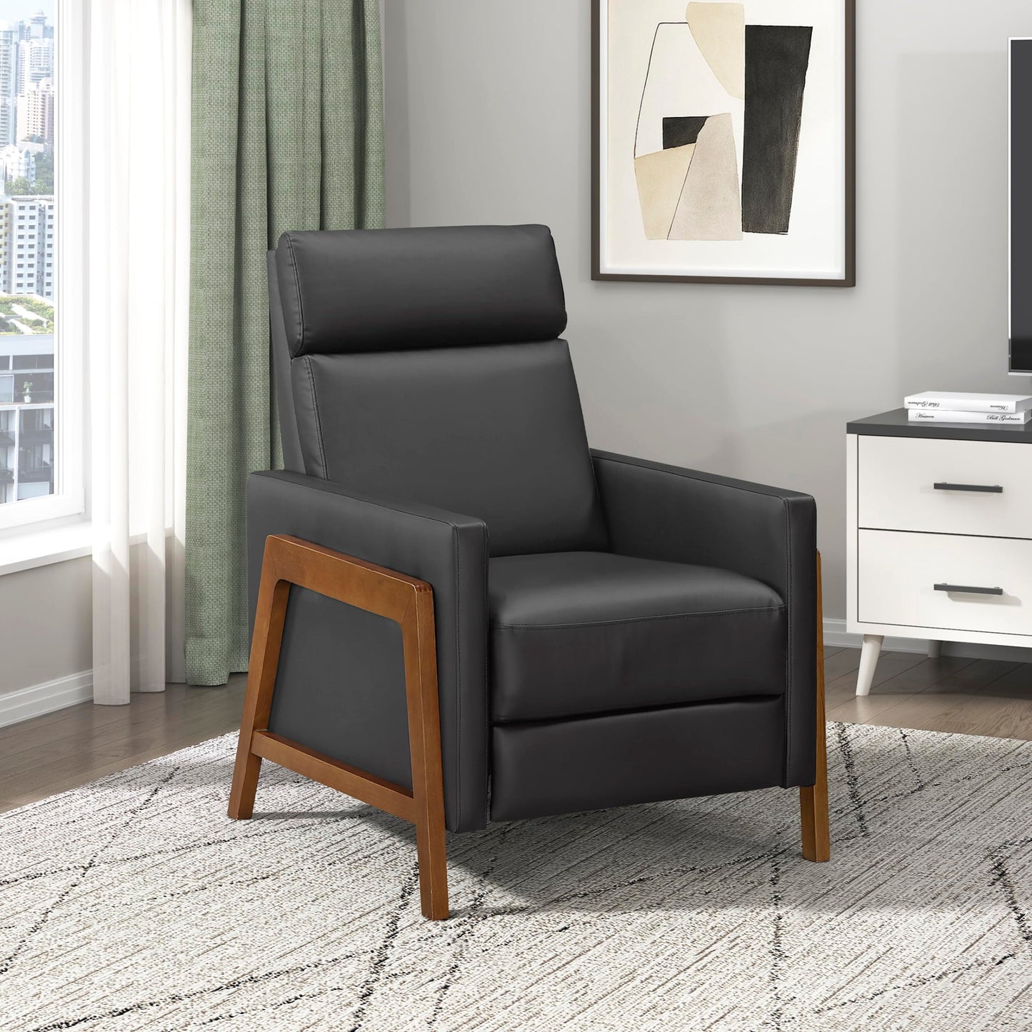 Lexicon Push Back Recliner Chair, Faux Leather Upholstered Reclining Chair with Footrest, Exposed Dark Brown Finish Wood Frame, Small Recliner for Small Space, Living Room, Bedroom, Black