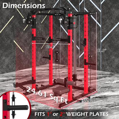 Power Rack with LAT Pulldown & Dual Pulley, 2000lbs Squat Rack for Home Gym, All-in-One Strength Training Cage with Cable Crossover, Bench Press & Pulley Workout System for Garage