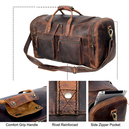 32" Vintage Duffel Classic Style with Modern Outlook Retro Thick Full Grain Cowhide Handmade Airplane Under seat Carry On Bags Leather Gym Overnight Luggage Bag