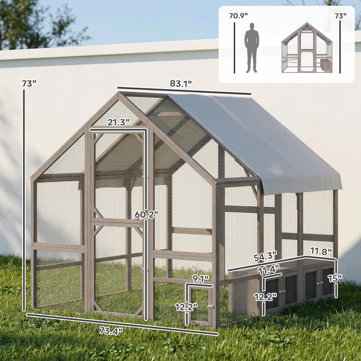 PawHut Large Wooden Chicken Coop for 8-10 Hens, Walk-in Chicken Run with Waterproof Cover, Nesting Boxes and Perches, Outdoor Poultry Cage Rabbit Hutch for Backyard, 83" x 73" x 73", Light Brown