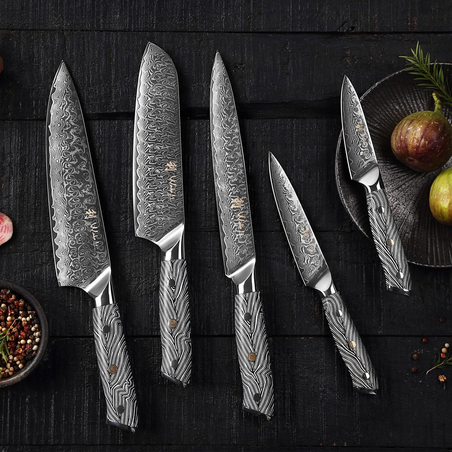 Wakoli Noir Blanc Damascus Knife Block Set – 5-Piece Professional Chef Knife Collection with Magnetic Block – Kitchen Knives made of 67-Layer Damascus Steel Blades & Ergonomic G10 Handles in Gift Box