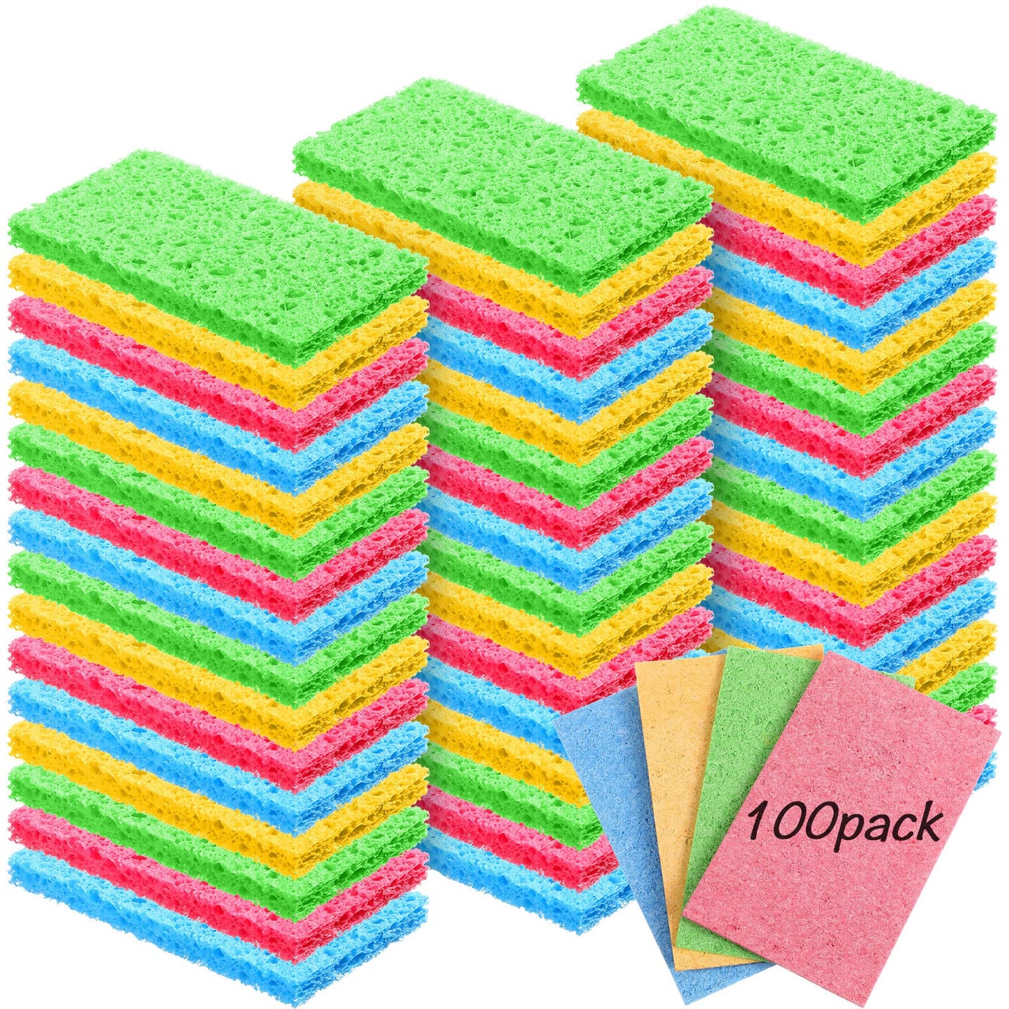 Zhengmy 100 Pieces Sponges Bulk Sponges Kitchen Compressed Sponge Natural Dish Sponge Compressed Wood Pulp Cleaning Without Scratching for Kitchen Bathroom, 3.9 x 2.4 x 0.12 Inch (Multicolor)