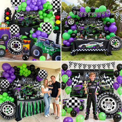 130Pcs Monster Truck Birthday Decorations for Boys Truck Theme Balloon Garland Arch Kit with Backdrop Triangle Banner Black Green Purple Wheel Foil Balloon Kids Monster Truck Party Decor Supplies