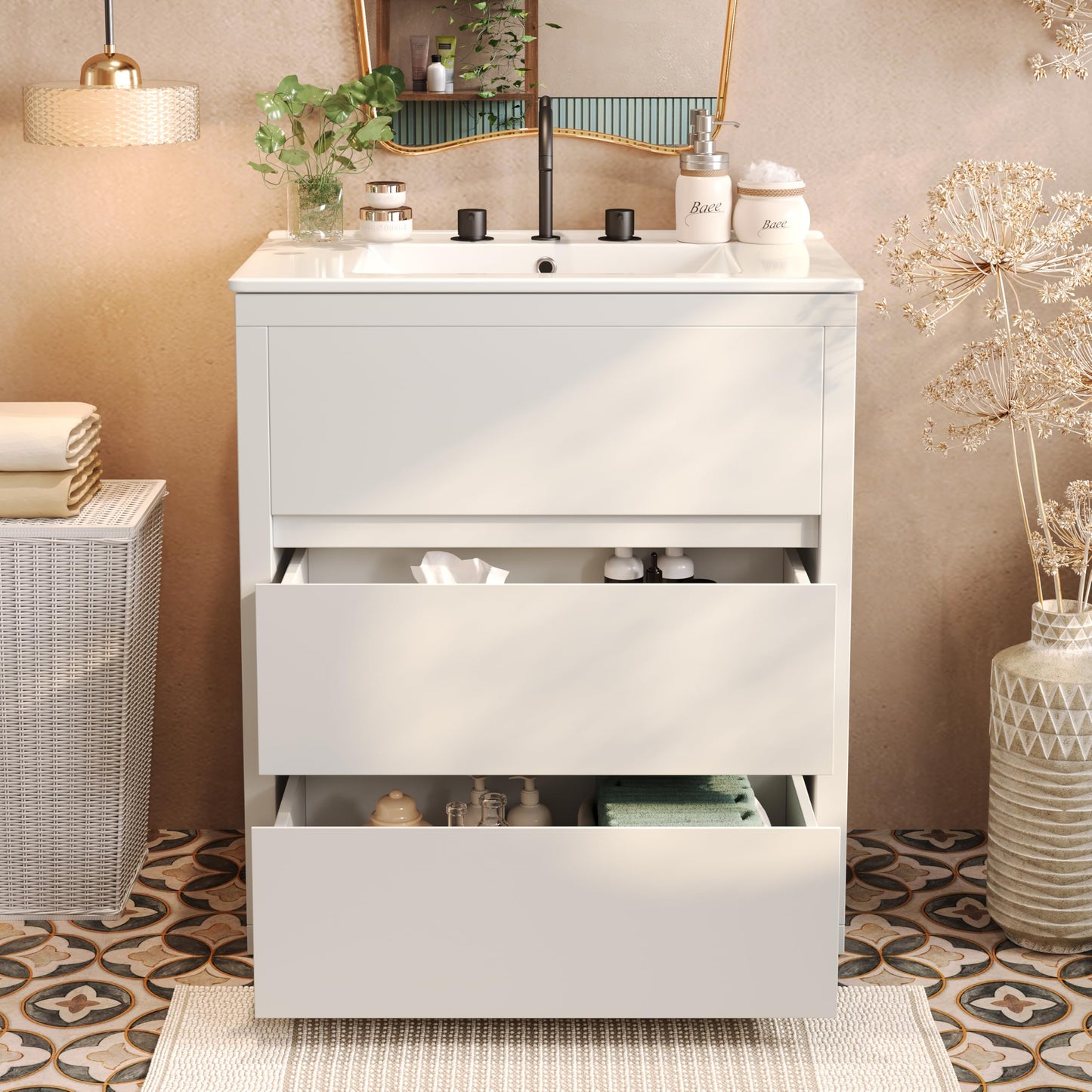Christopher Knight Home Polla 30" Bathroom Vanity with Ceramic Sink, Wooden Bathroom Vanity Organizer, Soft Closing Door Bathroom Vanity Cabinet, Freestanding Pedestal Sink Storage Cabinet, White