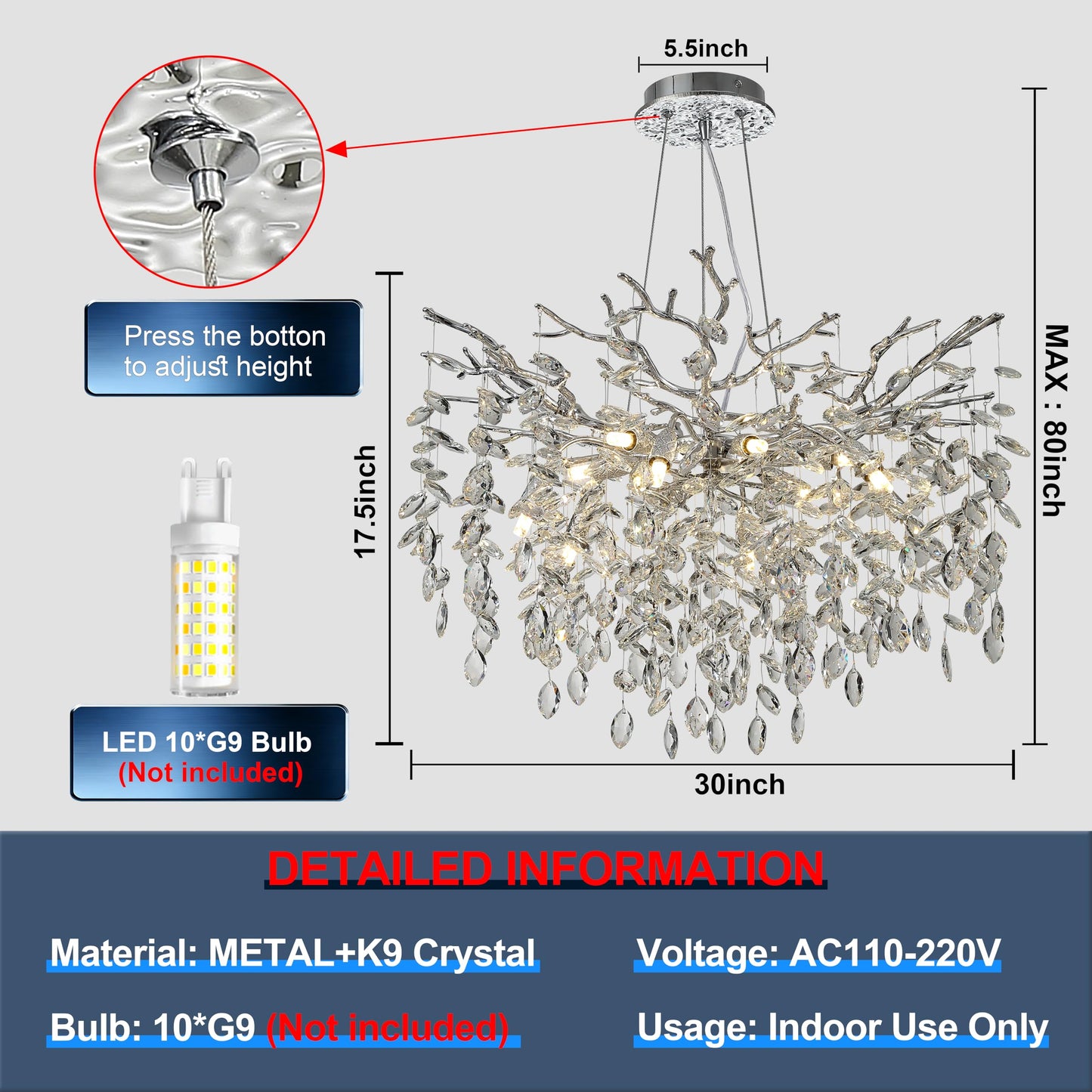 KVTOEP Modern Crystal Tree Branches Chandelier, 30in Silver 10 Lights Large Ceiling Hanging Light for Dining Room, Round Raindrop Pendant Light Fixture