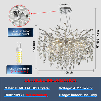 KVTOEP Modern Crystal Tree Branches Chandelier, 30in Silver 10 Lights Large Ceiling Hanging Light for Dining Room, Round Raindrop Pendant Light Fixture