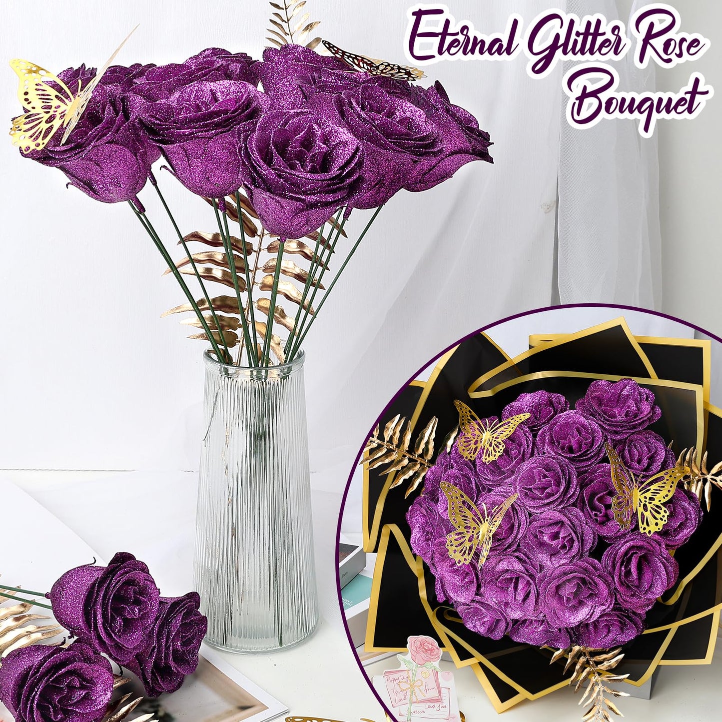 Tobilu Glitter Roses Bouquet - DIY Artificial Flower Bouquet Kit with Fake Rose Butterfly Stems Cards for Gifts Mother's Day Valentine's Day Anniversary Birthday, 24 Roses, Purple
