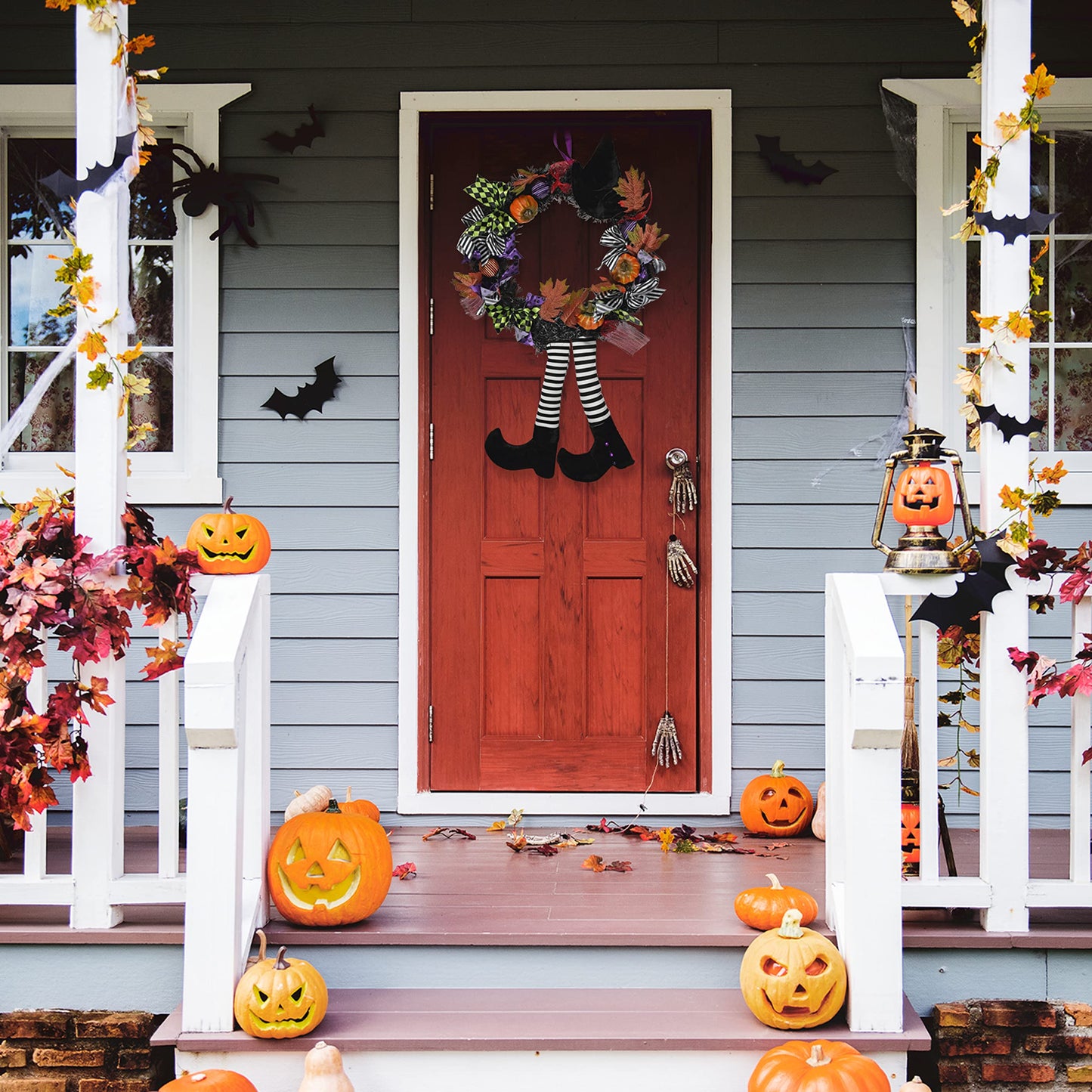 Skeleteen Happy Halloween Witch Wreath - Large 42" Front Door Hanging Witchy Decorations with Pumpkins, Maple Leaves, Witch Hat and Witch Legs Wreath