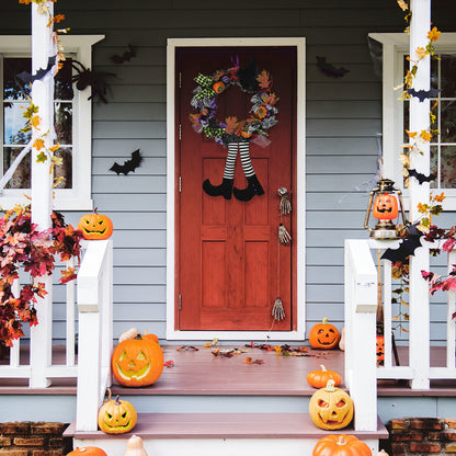 Skeleteen Happy Halloween Witch Wreath - Large 42" Front Door Hanging Witchy Decorations with Pumpkins, Maple Leaves, Witch Hat and Witch Legs Wreath