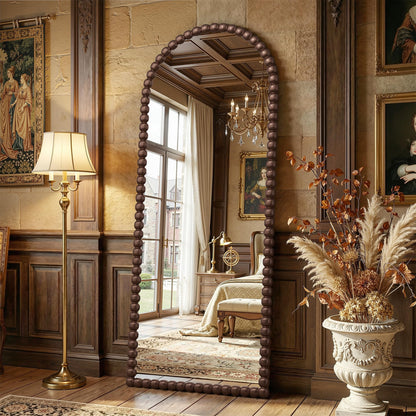 Antok 71" x 28" Arched Full Length Mirror, Antique Beaded Frame Floor Standing or Wall Mounted Mirror with Stand for Bedroom, Entryway, Brown, Luxury Style
