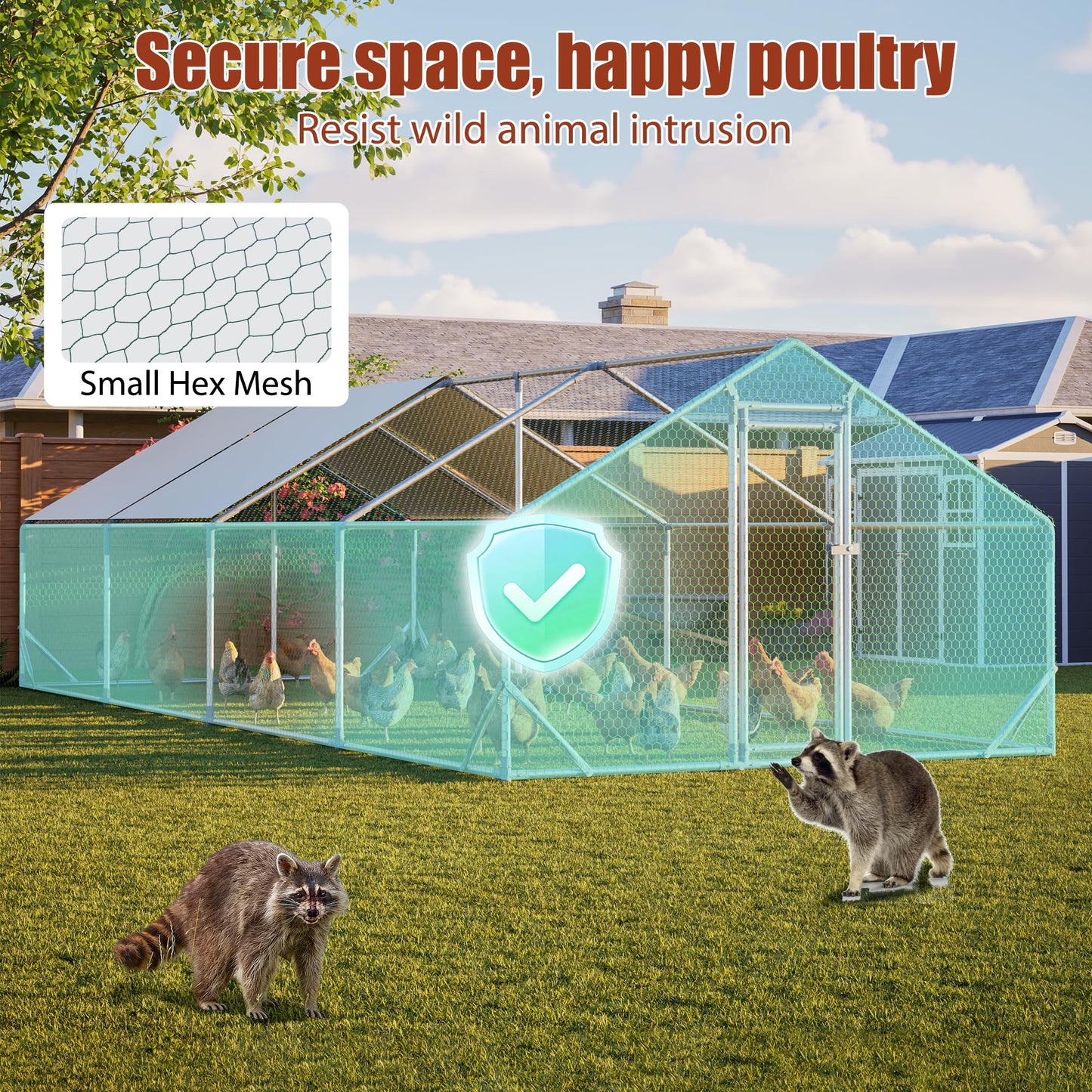 YOPTO Metal Chicken Coop with Run,10x26x6.56ft Walk-in Chicken Run W/Removable Waterproof & Anti-Ultraviolet Cover,Chicken Pen W/Security Lock,Hen House Enclosure for Ducks,Rabbits