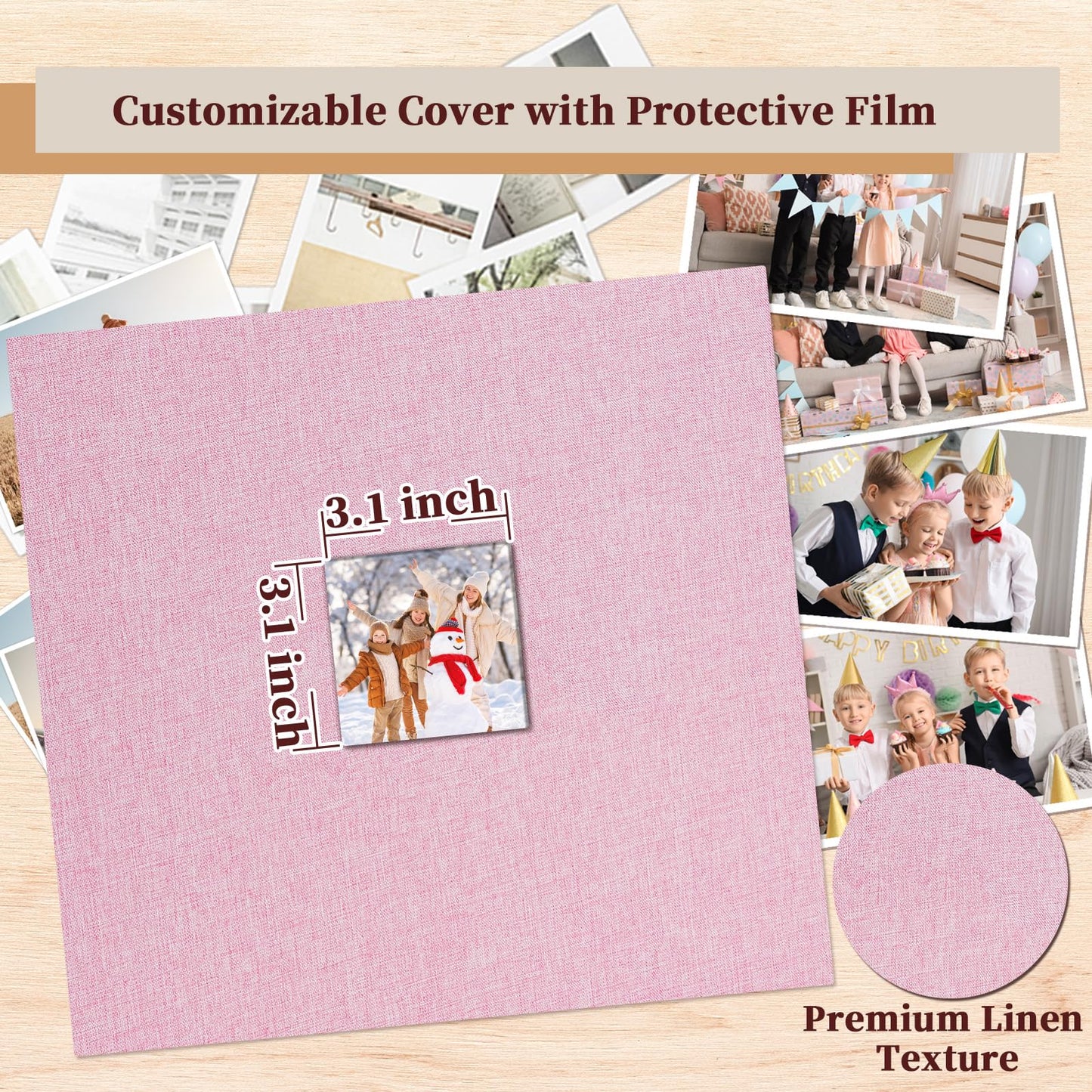 Hiwhy 12x12 Inch Large 3 Ring DIY Scrapbook Photo Album, Linen Cover Scrapbook with 20 Sheets Plastic Sleeves 40 Pages Memory Book for Wedding Birthday Baby Family (Pink)