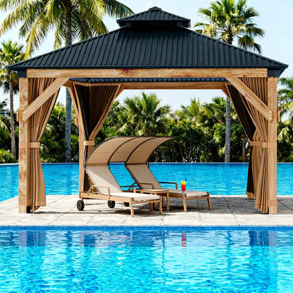10x12 FT Hardtop Wooden Gazebo with Galvanized Steel Double Roof, Aluminum Frame, Mosquito Netting & Curtains – Durable Outdoor Pavilion for Patio, Backyard, Deck & Lawn