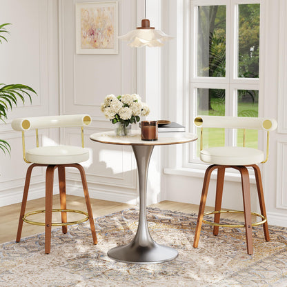 TYBOATLE Swivel Bar Stools Set of 4, Counter Height Bar Stools with Bent Wood Legs and Back, Mid-Century Modern Faux Leather Bar Chairs Island Barstools for Kitchen (4, White)