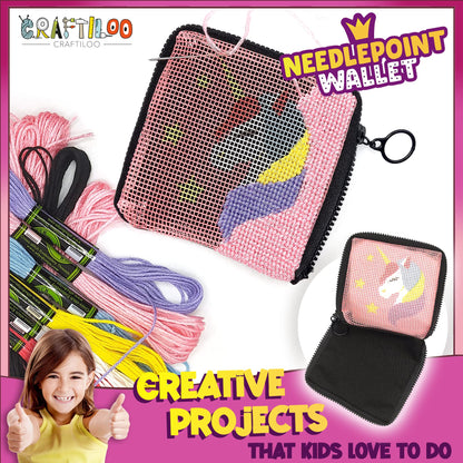 CRAFTILOO Needlepoint Kit for Kids — Beginner Cross Stitch Sewing Kit with Pre Printed Canvas, Easy Embroidery Arts and Crafts Starter Set for Girls and Boys Ages 6-12 (Unicorn)