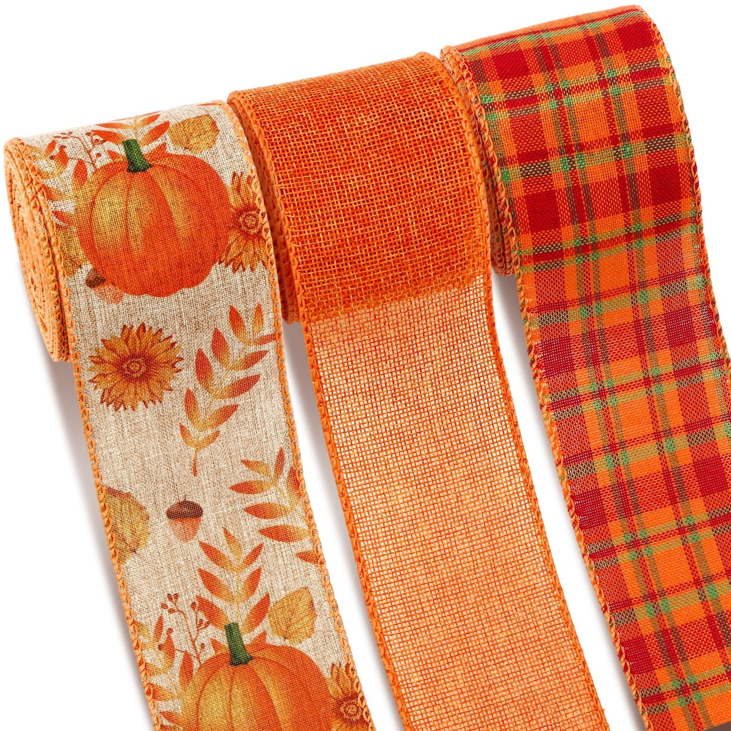 Riceshoot 3 Rolls Thanksgiving Pumpkin Wired Ribbons 2.5 Inch x 30 Yards Fall Pumpkin Buffalo Plaid Ribbon Autumn Harvest Crafts for Wreaths Bow Making Supplies Gifts Wrapping Decoration