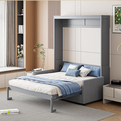Ball & Cast Murphy Bed Full Size Wall Bed with Sofa,can be Folded,Multifunctional Wood Hideaway Cabinet Bed Frame,Slat Support,Save Space,for Apartment,Guest Room,Gray